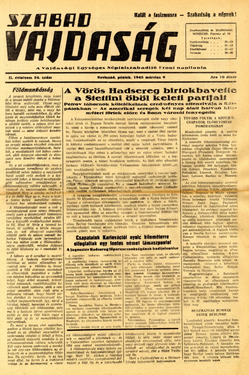 Szabad Vajdaság, 2. évf. 1945. március 9. 54. sz.