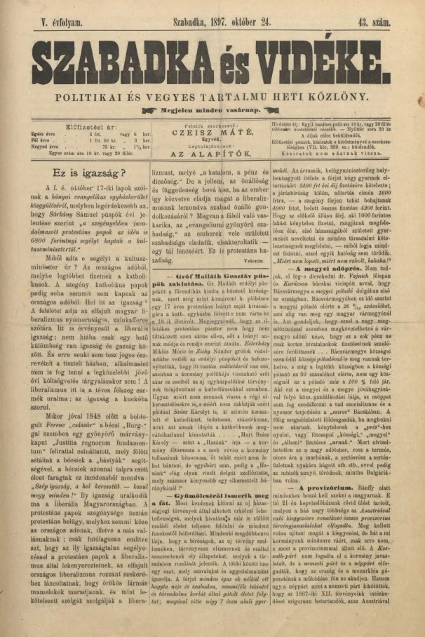 Szabadka és vidéke II, 5. évf. 1897. október 24. 43. sz.