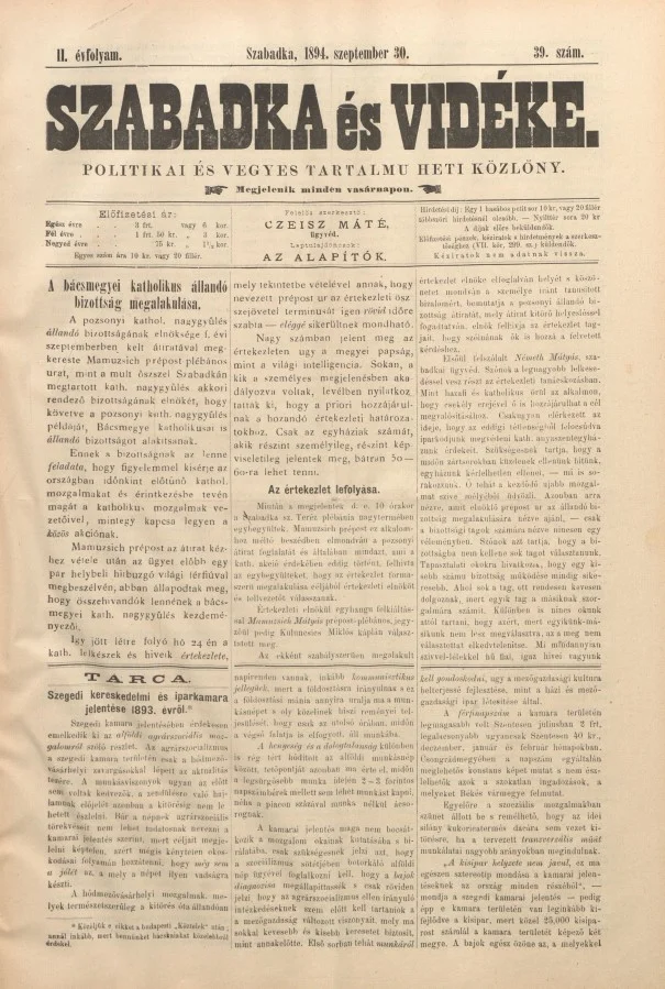 Szabadka és vidéke II, 2. évf. 1894. szeptember 30. 39. sz.