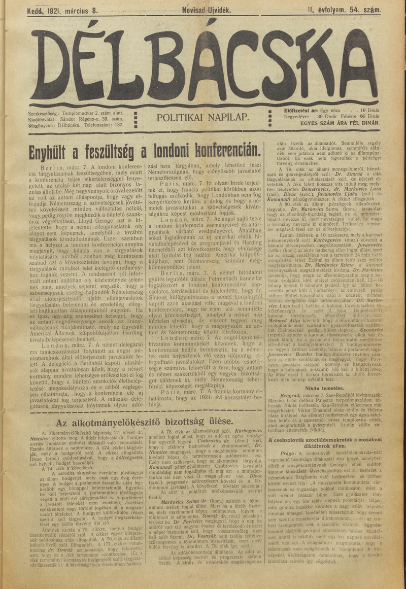 Délbácska, 2. évf. 1921. március 8. 54. sz.