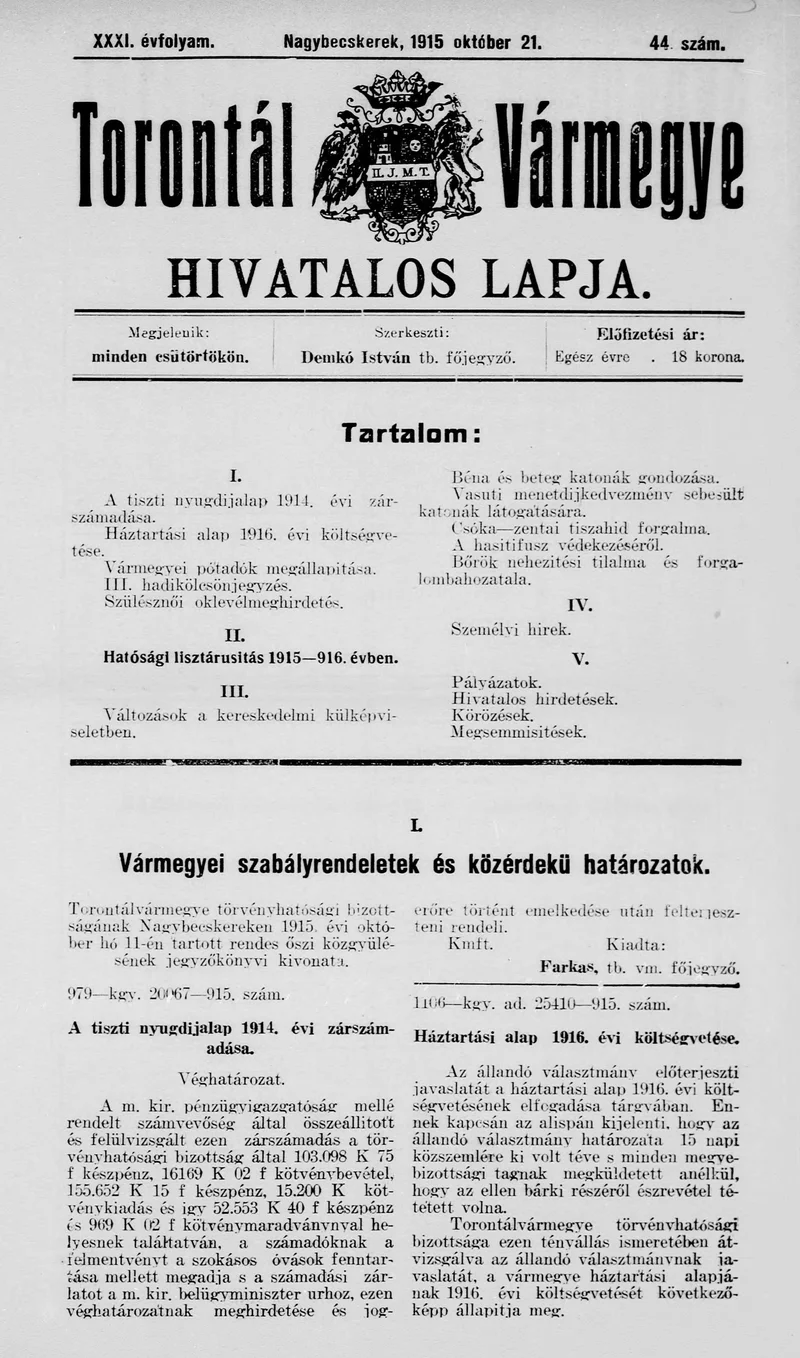 Torontál Vármegye Hivatalos Lapja, 31. évf. 1915. október 21. 44. sz.