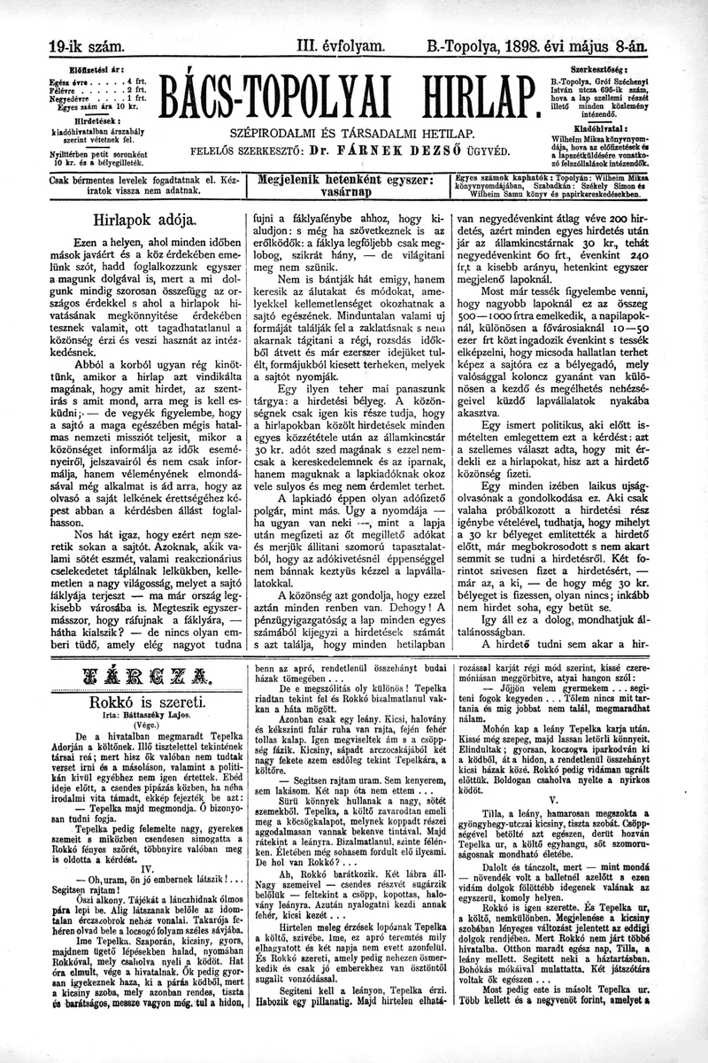 Bács-Topolyai Hirlap, 3. évf. 1898. május 8. 19. sz.