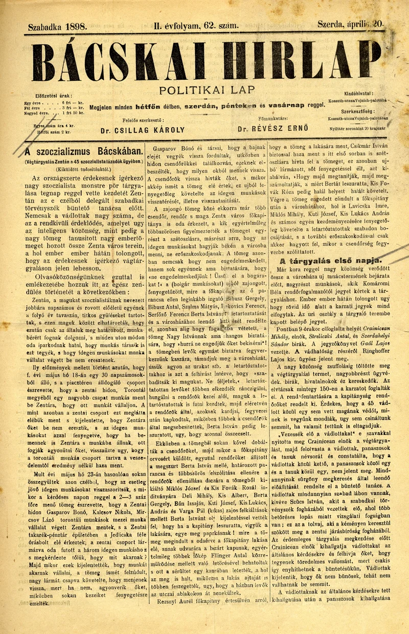 Bácskai Hirlap, 2. évf. 1898. április 20. 62. sz. 1–4. oldal