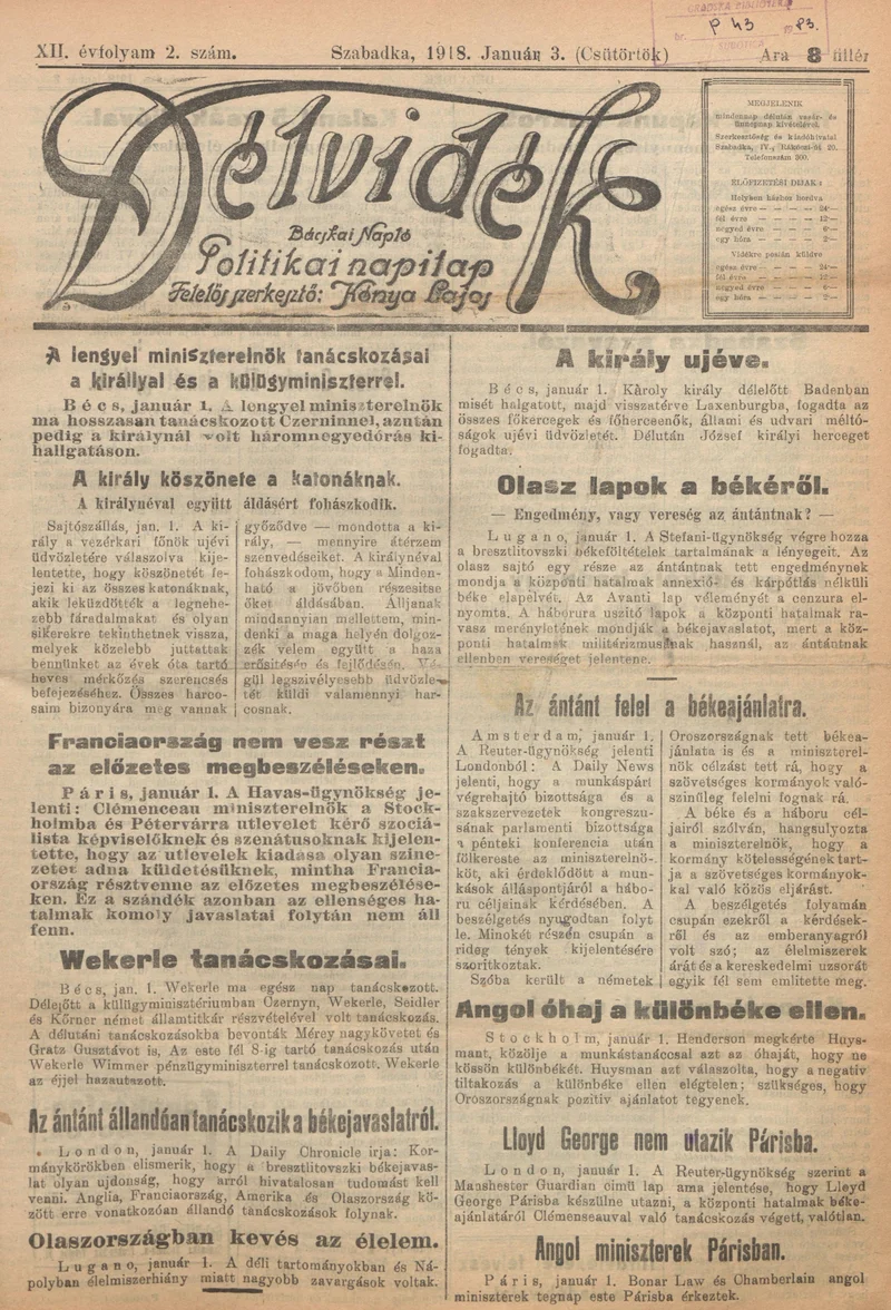 Délvidék, 12. évf. 1918. január 3. 2. sz.