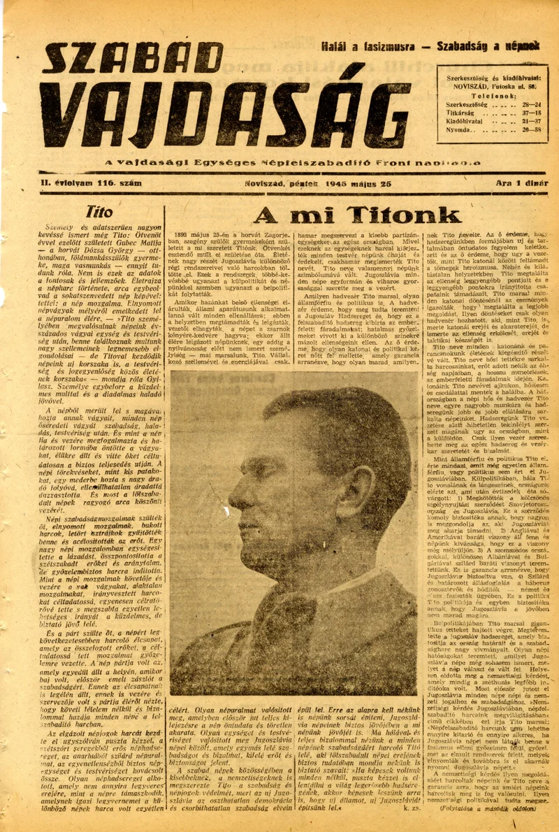 Szabad Vajdaság, 2. évf. 1945. május 25. 116. sz.