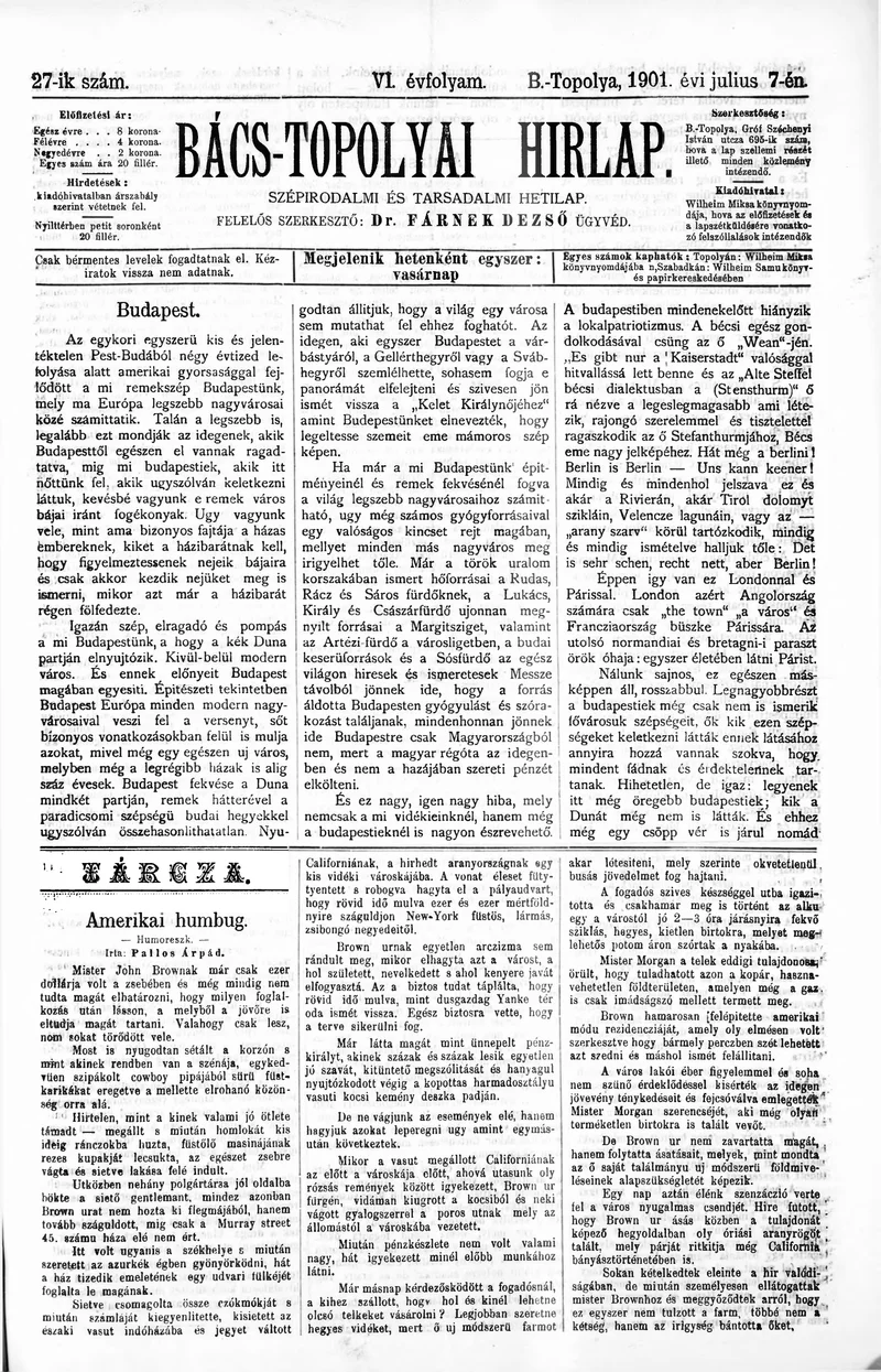 Bács-Topolyai Hirlap, 6. évf. 1901. július 7. 27. sz.