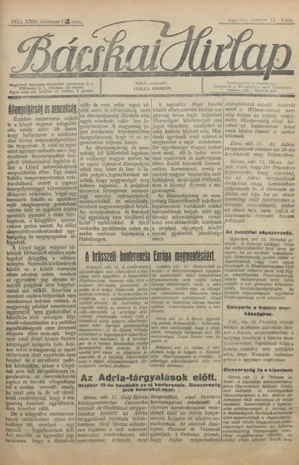 Bácskai Hirlap, 24. évf. 1920. október 12. 171. sz.