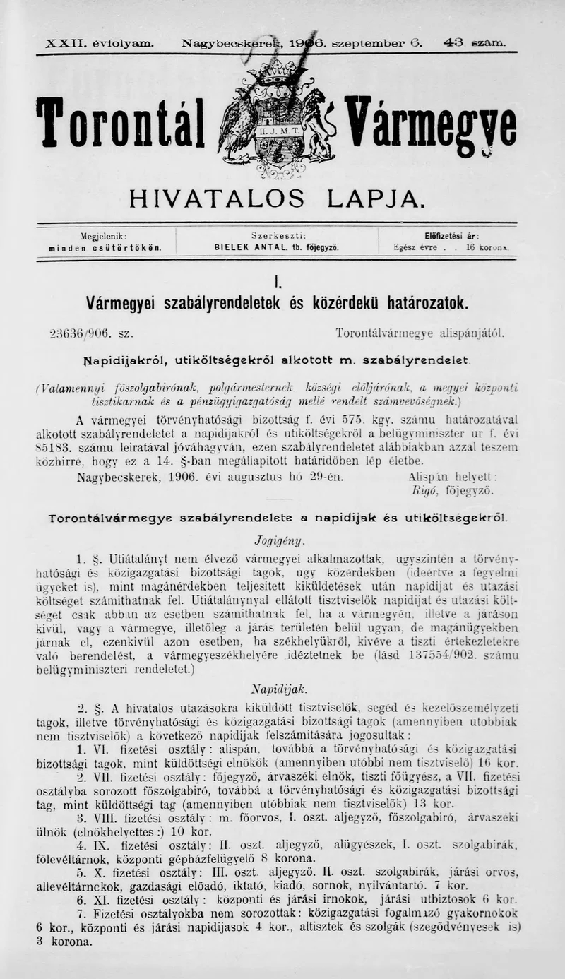 Torontál Vármegye Hivatalos Lapja, 22. évf. 1906. szeptember 6. 43. sz.