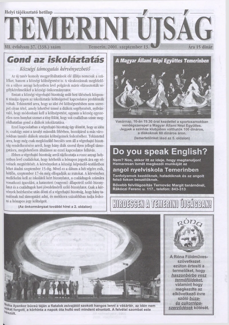 Temerini Újság, 7. évf. 2001. szeptember 13. 37. sz.