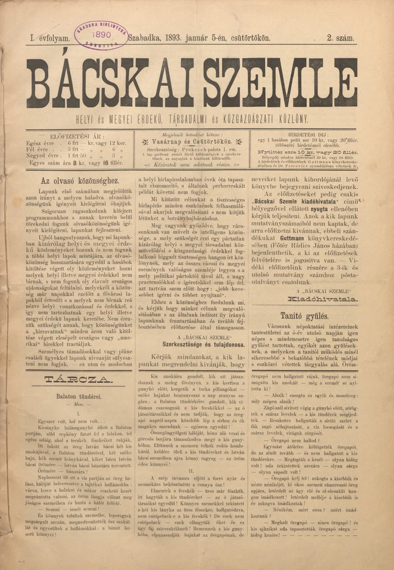 Bácskai Szemle, 1. évf. 1893. január 5. 2. sz.