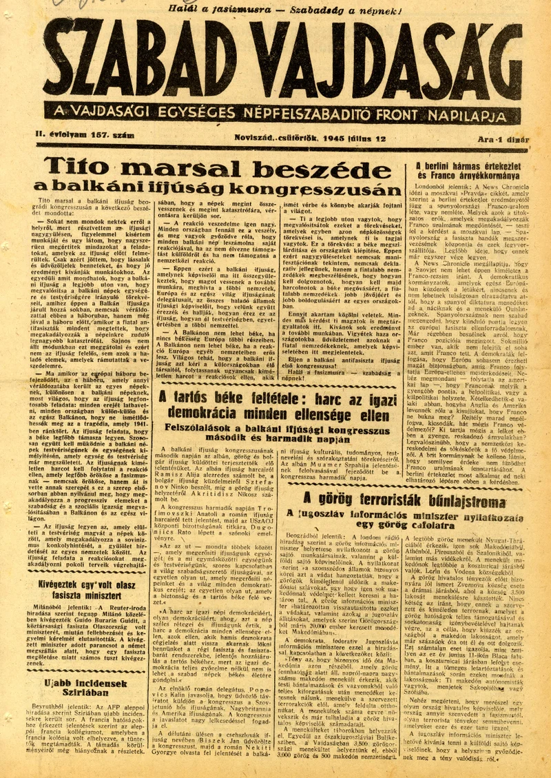 Szabad Vajdaság, 2. évf. 1945. július 12. 157. sz.