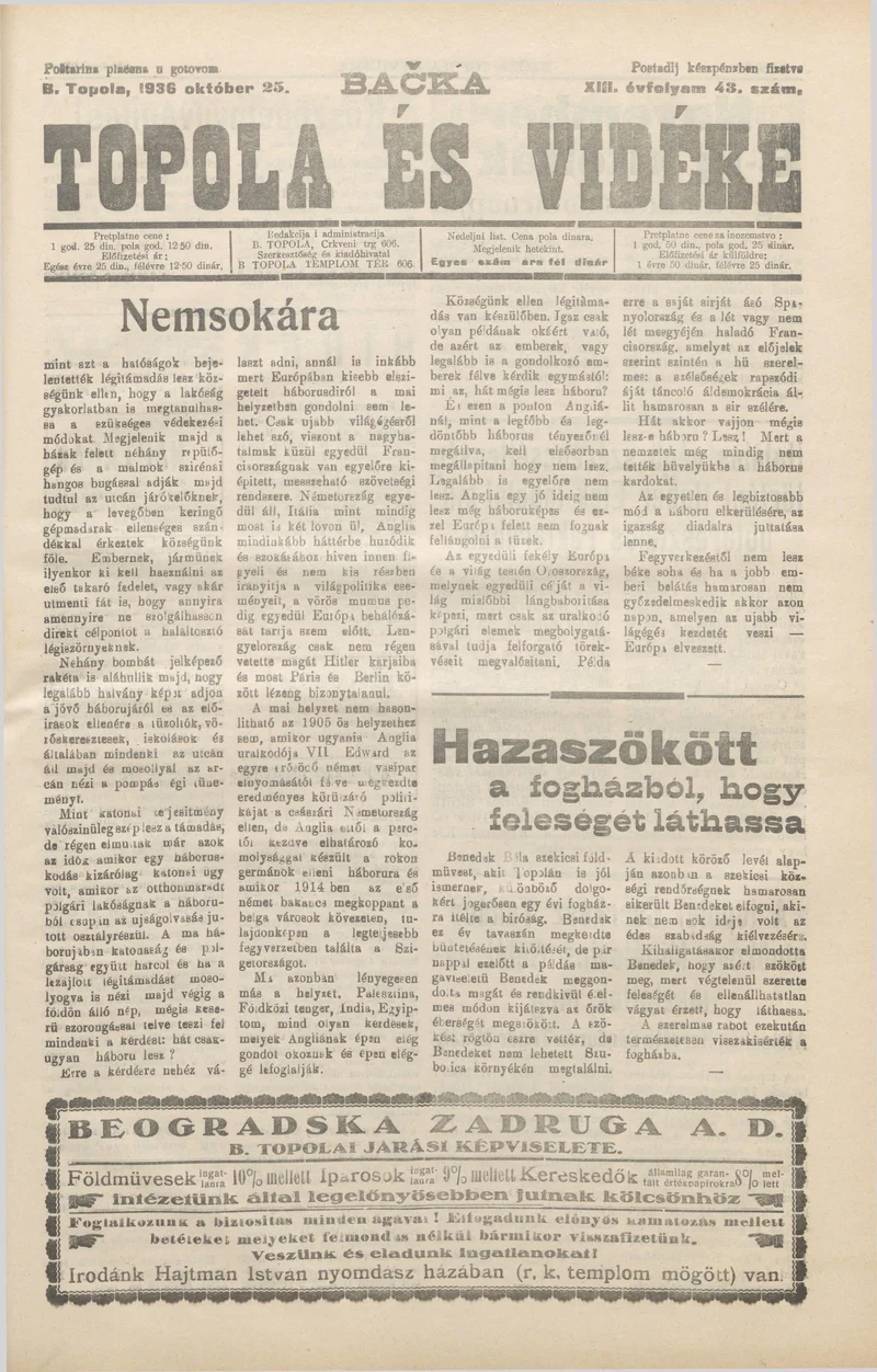 Bačka Topola és Vidéke, 13. évf. 1936. október 25. 43. sz.