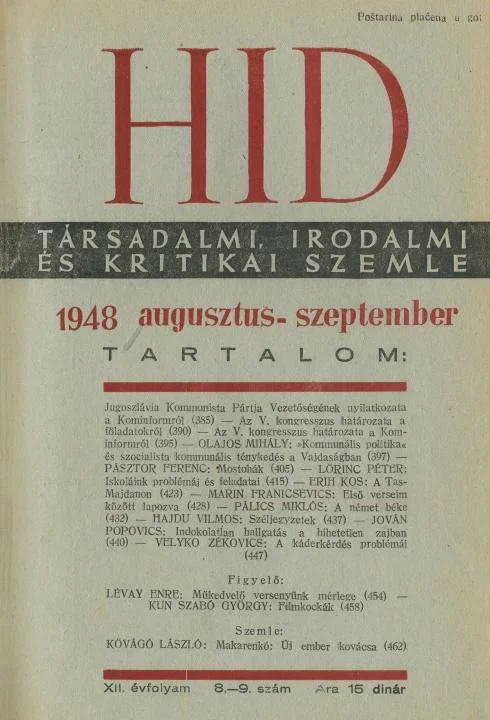 Híd, 12. évf. 1948. augusztus – szeptember. 8–9. sz. 385–464. oldal