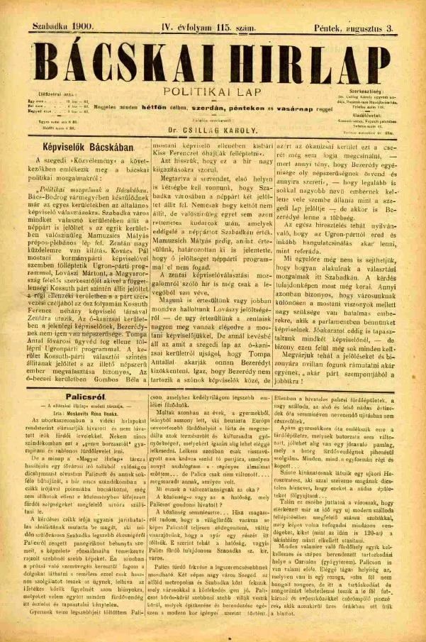 Bácskai Hirlap, 4. évf. 1900. augusztus 3. 115. sz.