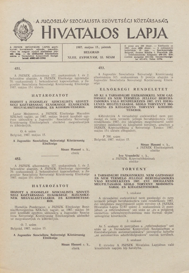 A Jugoszláv Szocialista Szövetségi Köztársaság Hivatalos Lapja, 43. évf. 1987. május 15. 33. sz. 849–880. oldal