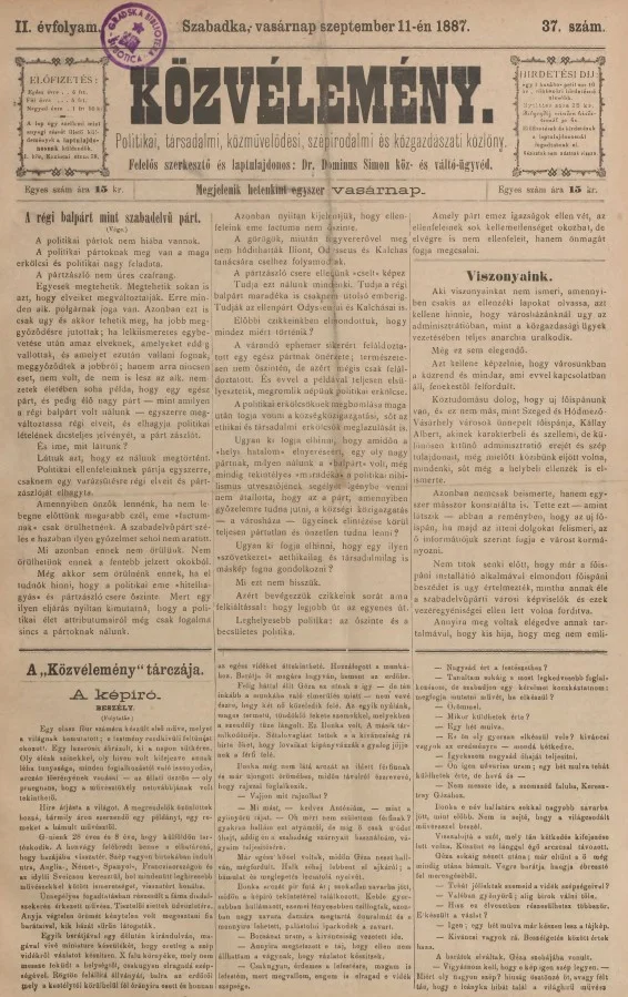 Közvélemény, 2. évf. 1887. szeptember 11. 37. sz.