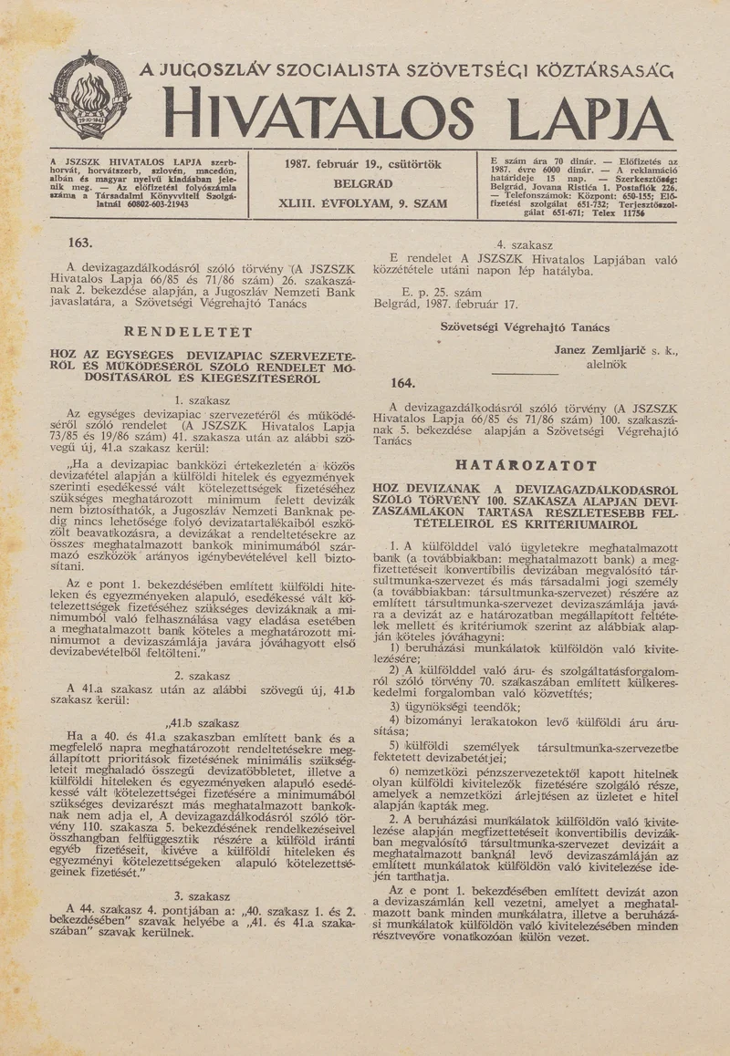 A Jugoszláv Szocialista Szövetségi Köztársaság Hivatalos Lapja, 43. évf. 1987. február 19. 9. sz. 269–276. oldal