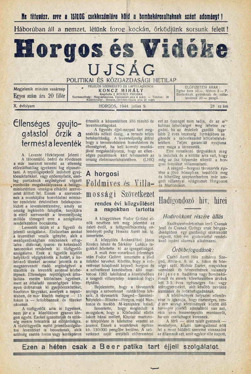 Horgos és vidéke, 9. évf. 1944. július 9. 28. sz.