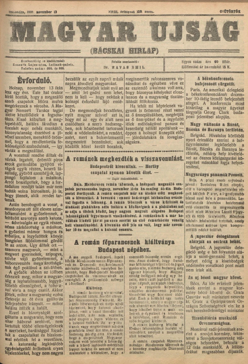Bácskai Hirlap, 23. évf. 1919. november 13. 128. sz.