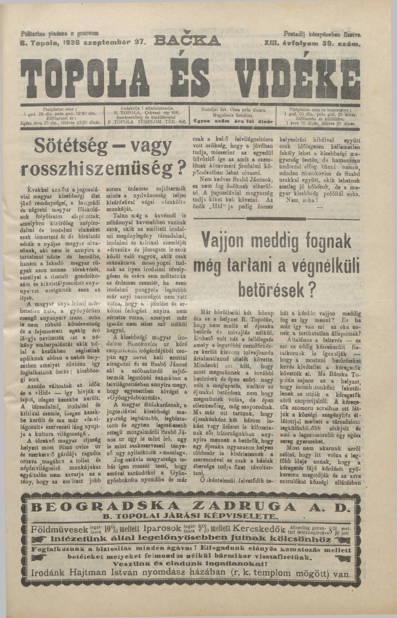 Bačka Topola és Vidéke, 13. évf. 1936. szeptember 27. 39. sz.