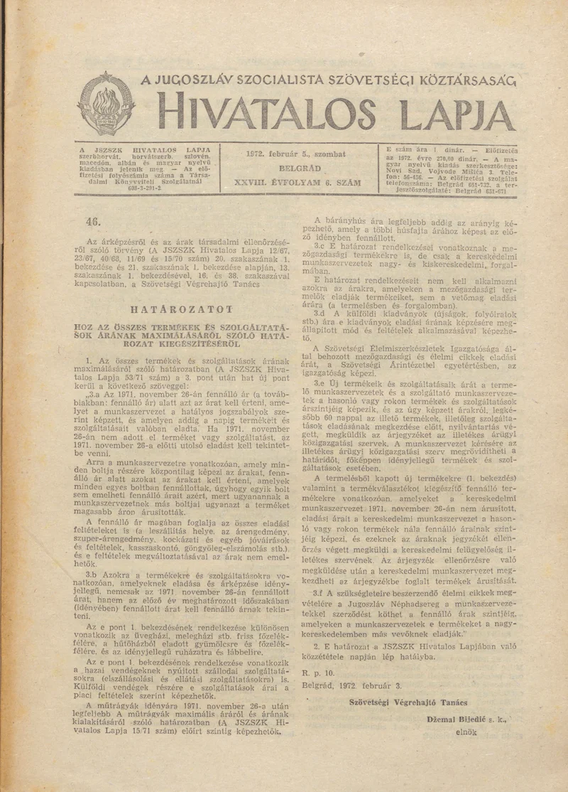 A Jugoszláv Szocialista Szövetségi Köztársaság Hivatalos Lapja, 28. évf. 1972. február 5. 6. sz. 193–200. oldal
