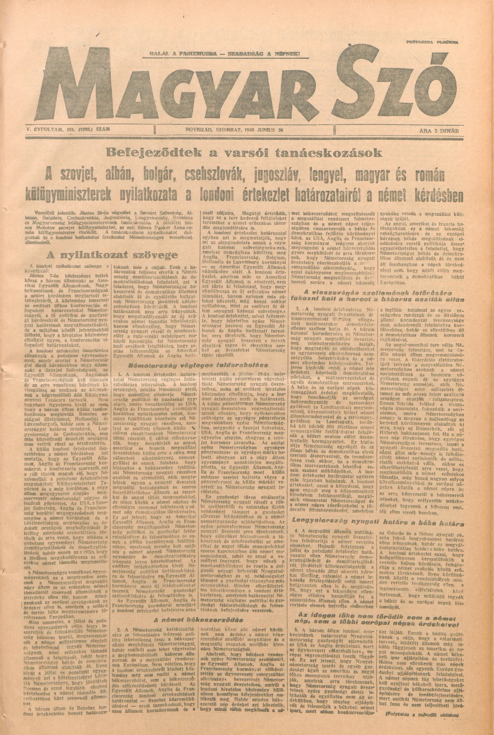 Magyar Szó, 5. évf. 1948. június 26. 151. sz. 1–4. oldal