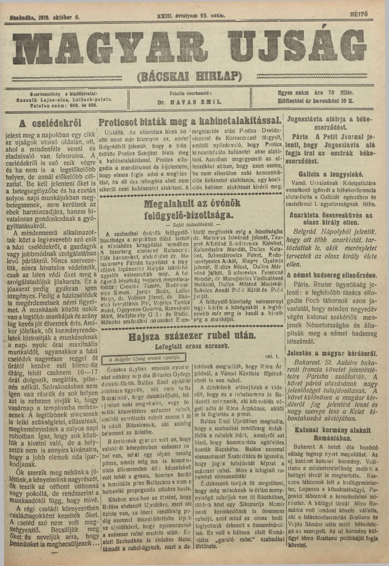 Bácskai Hirlap, 23. évf. 1919. október 6. 95. sz.