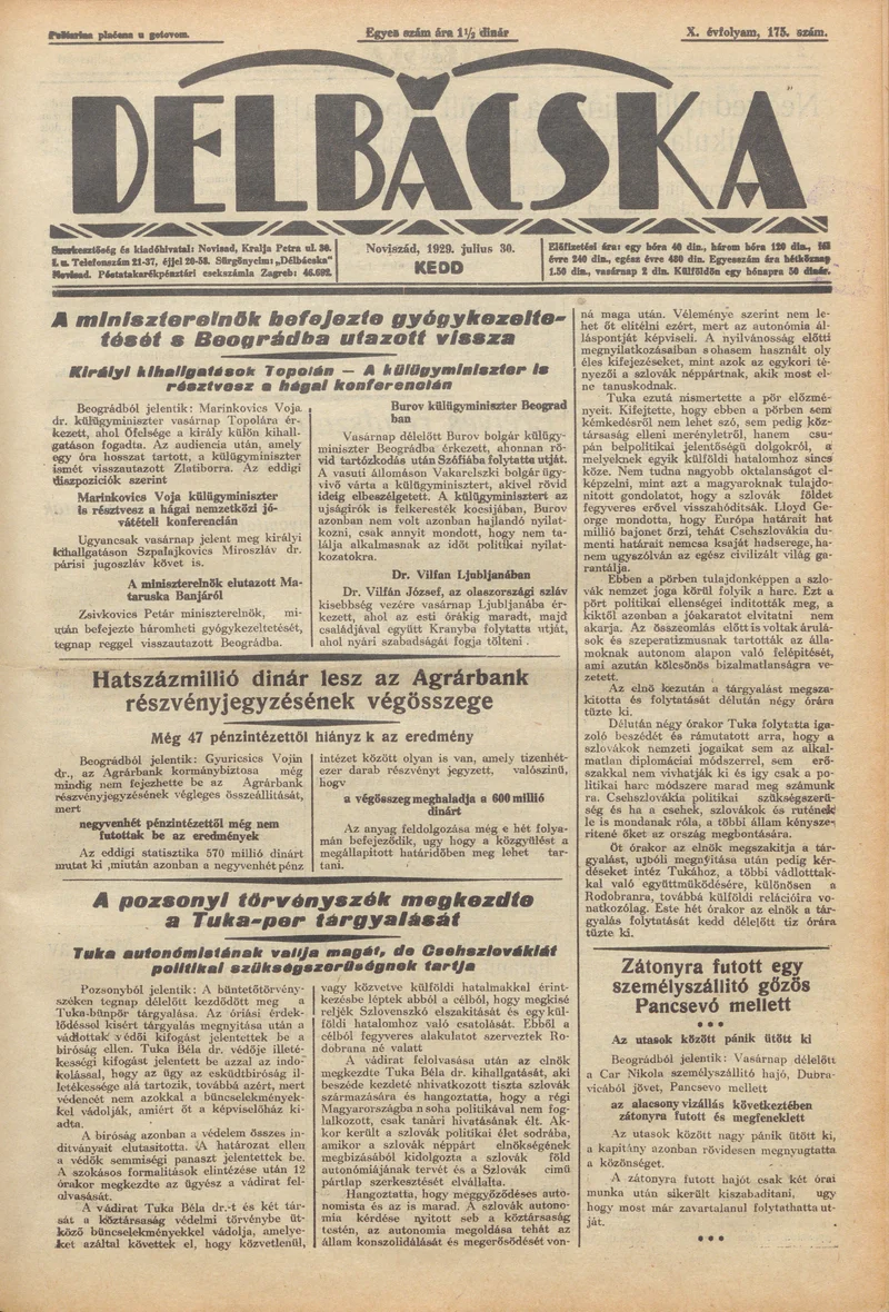 Délbácska, 10. évf. 1929. július 30. 175. sz.