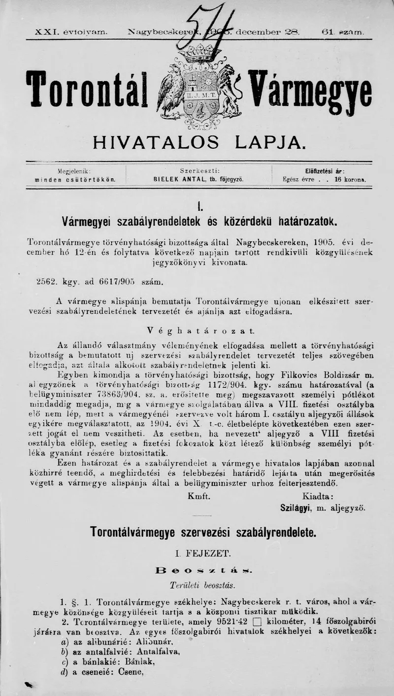 Torontál Vármegye Hivatalos Lapja, 21. évf. 1905. december 28. 61. sz.