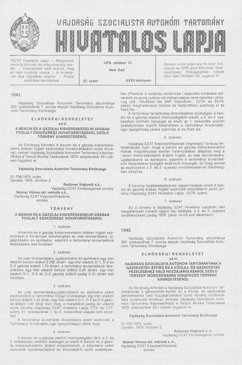 Vajdaság Szocialista Autonóm Tartomány Hivatalos Lapja, 35. évf. 1979. október 10. 27. sz. 1197–1212. oldal