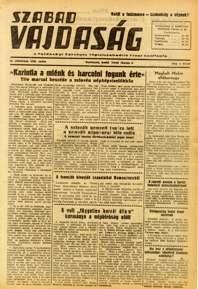 Szabad Vajdaság, 2. évf. 1945. június 5. 126. sz.