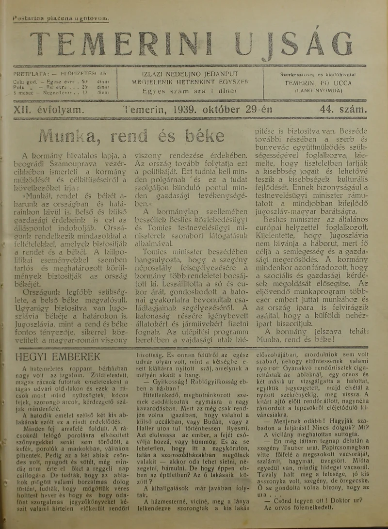 Temerini Újság 1928-1944, 12. évf. 1939. október 29. 44. sz.