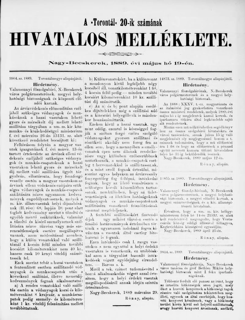 A Totontál  hivatalos melléklete, 2. évf. 1889. május 19. 20. sz.