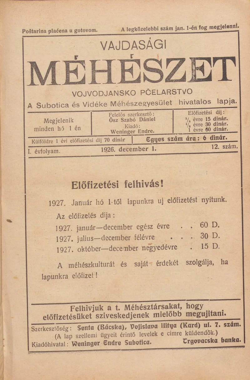Vajdasági méhészet, 1. évf. 1926. december 1. 12. sz.