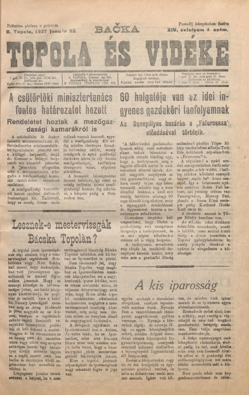 Bačka Topola és Vidéke, 14. évf. 1937. január 23. 4. sz.
