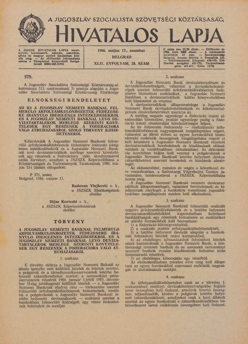 A Jugoszláv Szocialista Szövetségi Köztársaság Hivatalos Lapja, 42. évf. 1986. május 17. 28. sz. 861–872. oldal