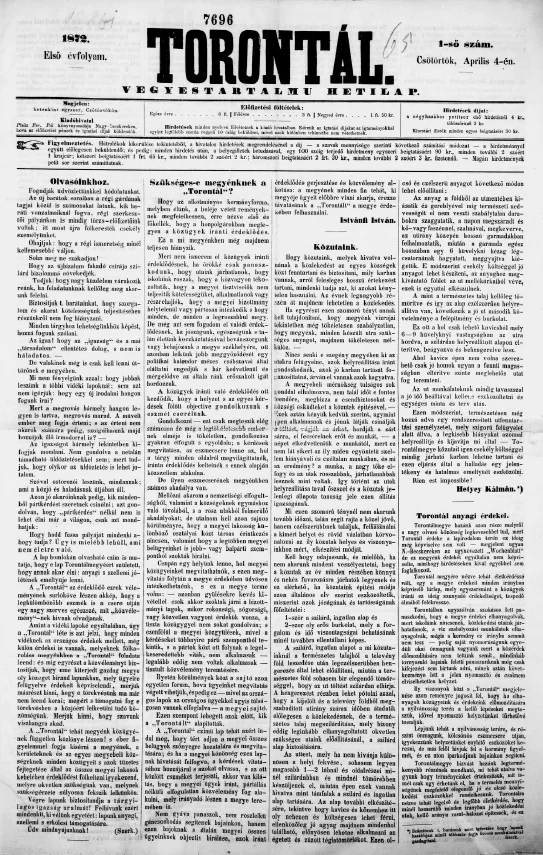Torontál, 1. évf. 1872. április 4. 1. sz.