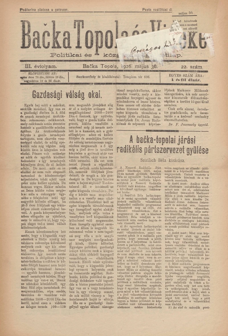 Bačka Topola és Vidéke, 3. évf. 1926. május 30. 22. sz.