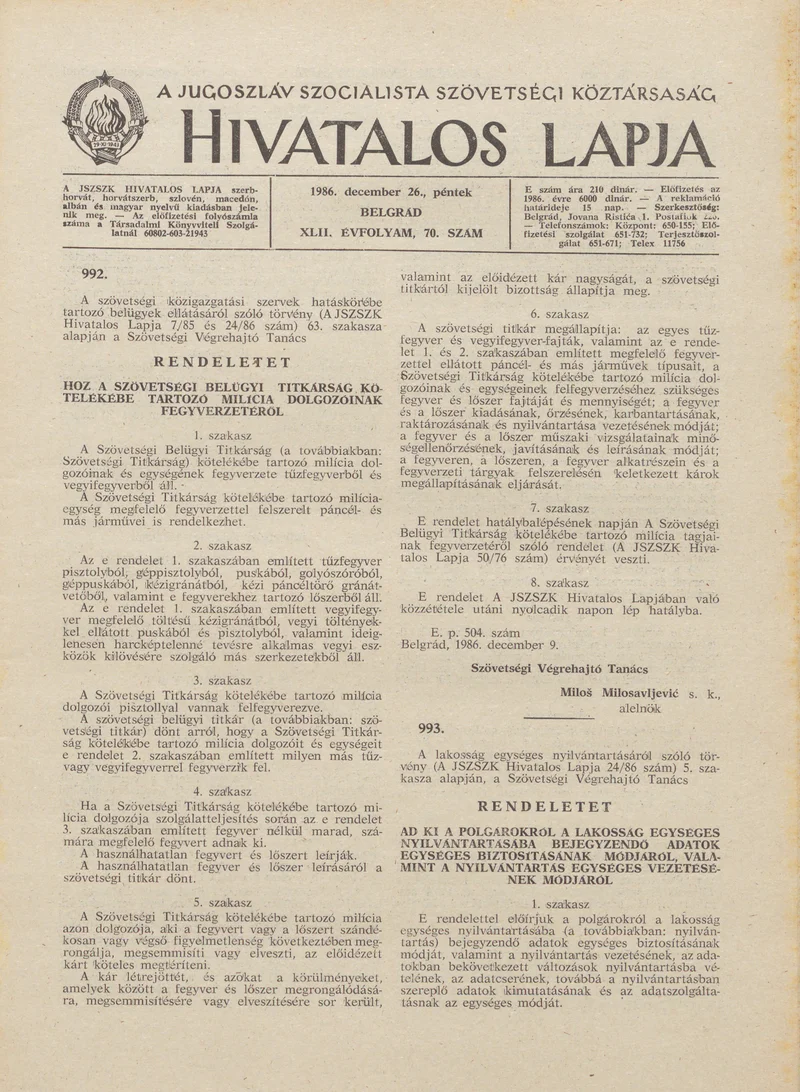 A Jugoszláv Szocialista Szövetségi Köztársaság Hivatalos Lapja, 42. évf. 1986. december 26. 70. sz. 2073–2096. oldal