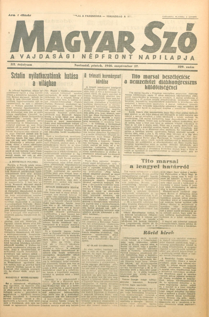 Magyar Szó, 3. évf. 1946. szeptember 27. 229. sz. 1–4. oldal