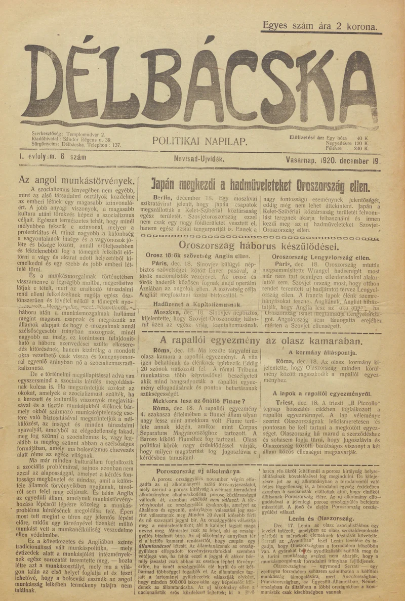 Délbácska, 1. évf. 1920. december 19. 6. sz.
