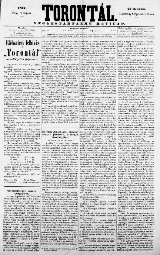 Torontál, 1. évf. 1872. szeptember 19. 25. sz.