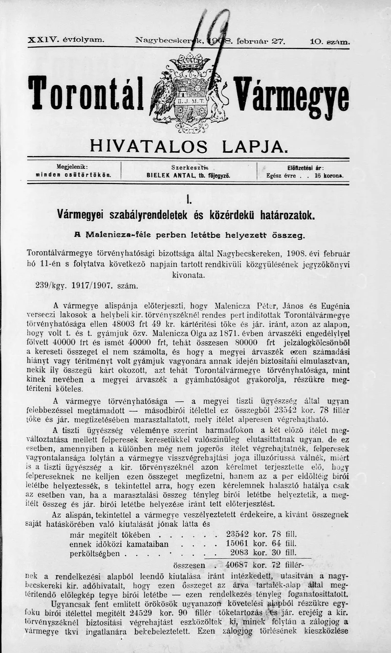 Torontál Vármegye Hivatalos Lapja, 24. évf. 1908. február 27. 10. sz.