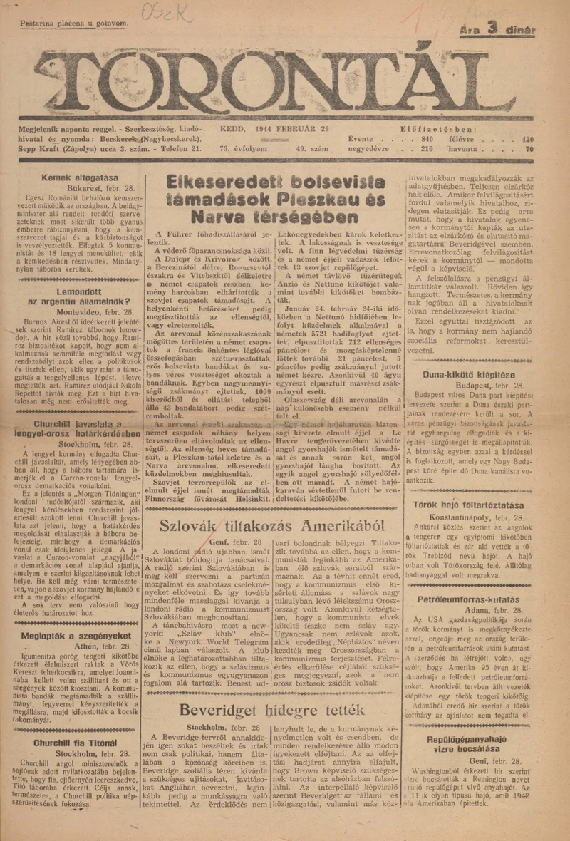 Torontál, 73. évf. 1944. február 29. 49. sz.