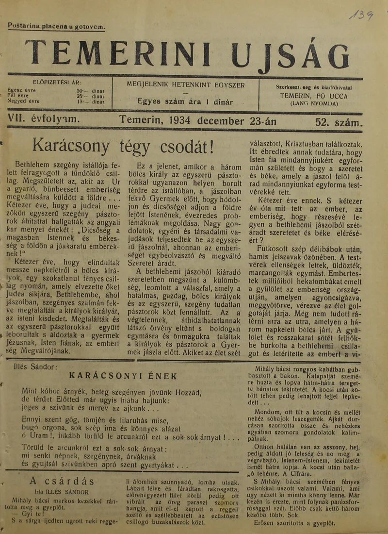 Temerini Újság 1928-1944, 7. évf. 1934. december 23. 52. sz.