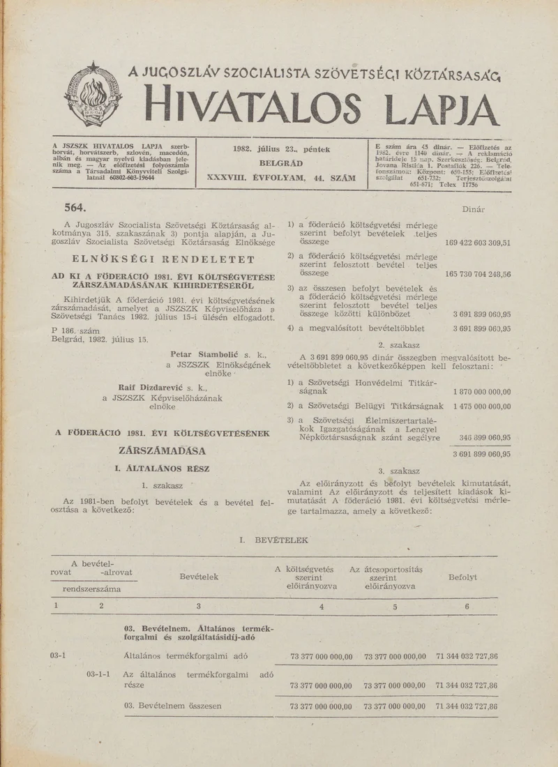 A Jugoszláv Szocialista Szövetségi Köztársaság Hivatalos Lapja, 38. évf. 1982. július 23. 44. sz. 1113–1184. oldal