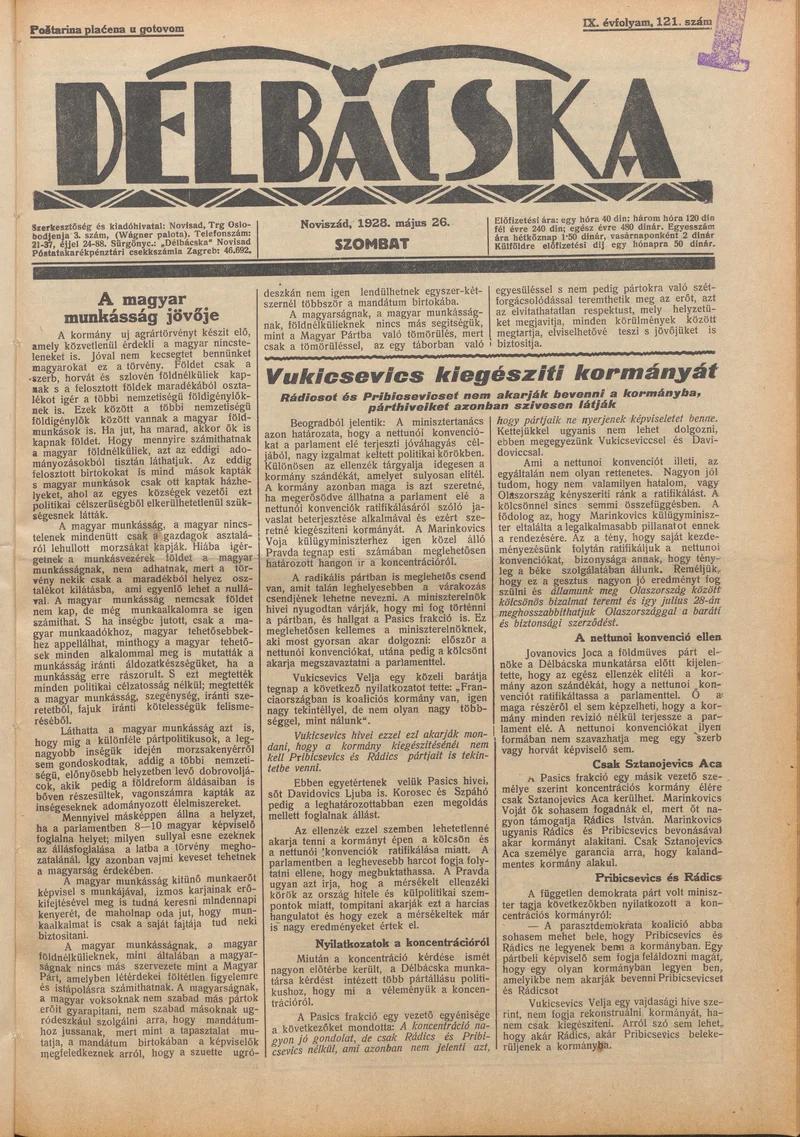 Délbácska, 9. évf. 1928. május 26. 121. sz.