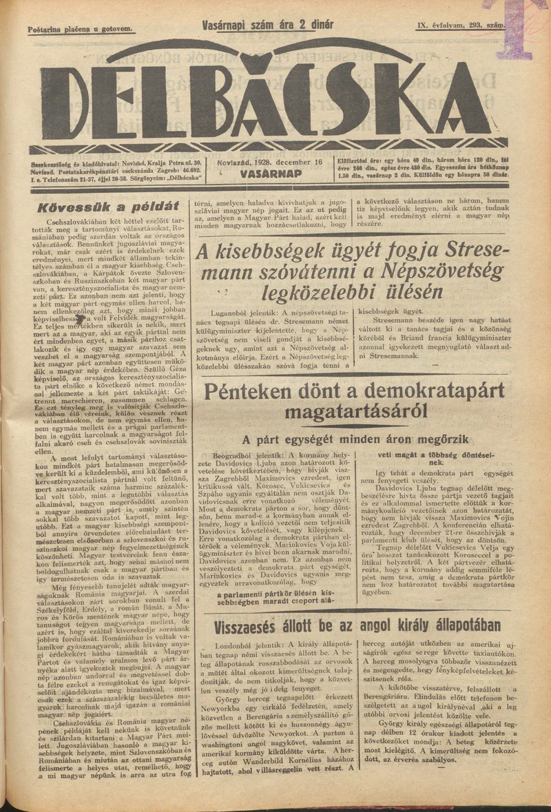 Délbácska, 9. évf. 1928. december 16. 293. sz.