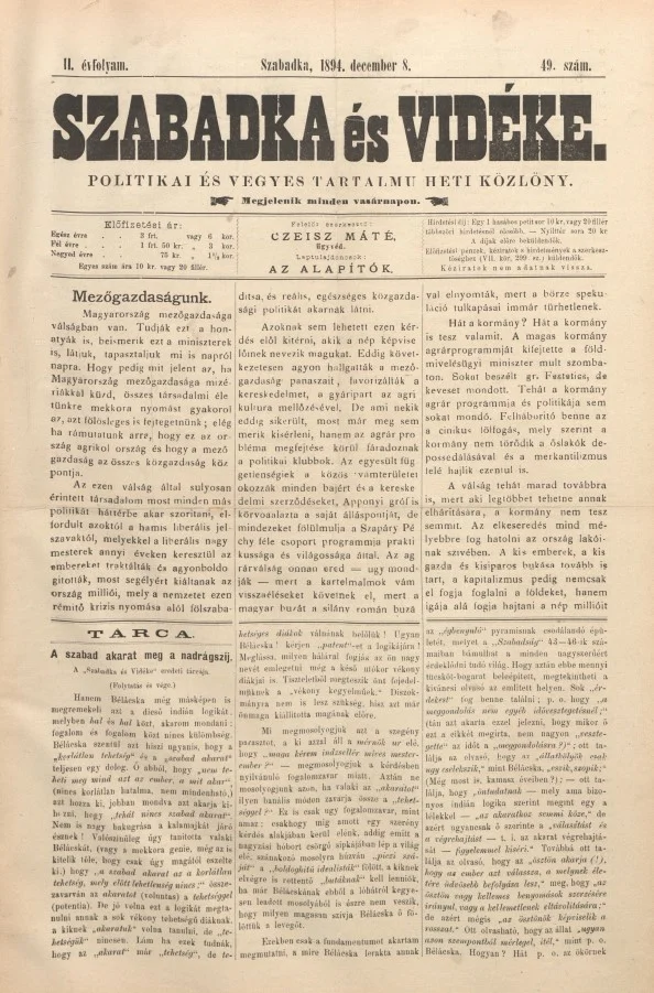 Szabadka és vidéke II, 2. évf. 1894. december 8. 49. sz.