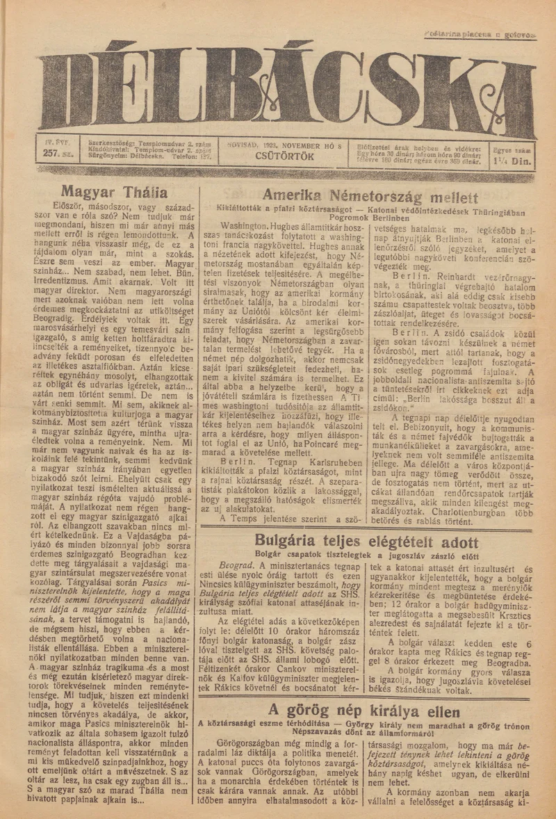 Délbácska, 4. évf. 1923. november 8. 257. sz.
